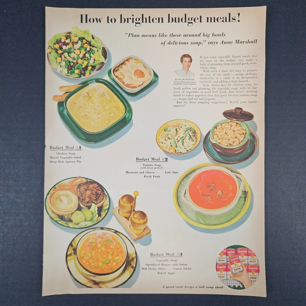 1953 Campbell's Soup Budget Meals Vintage Print Ad Anne Marshall Kitchen Food